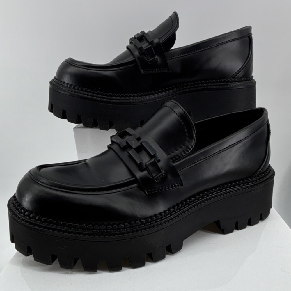 Steve Madden Barris Chunky Lug Sole Black Y2K Loafer Women 6 Shoe Chain BRSS01S1